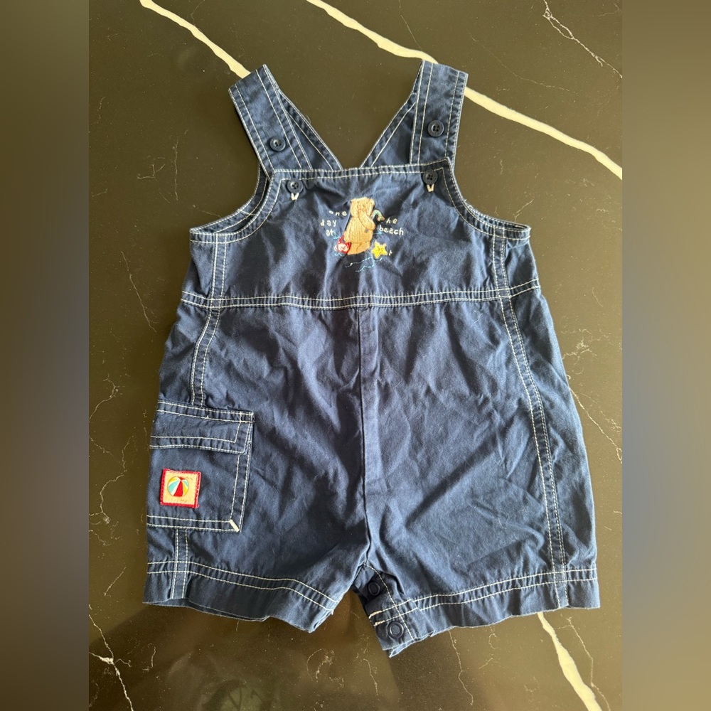 Little Wonders Navy Blue Shortalls with Bear Embroidery